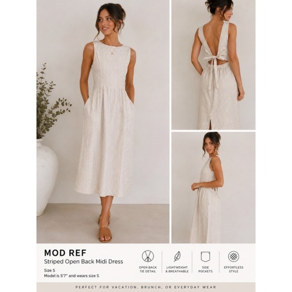Mod Ref Striped Linen Look Open Back Tie Midi Dress Small Coastal Minimalist